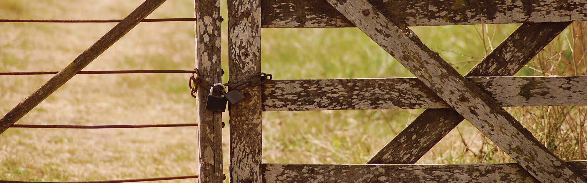 A short wooden gate is locked with a chain and two padlocks